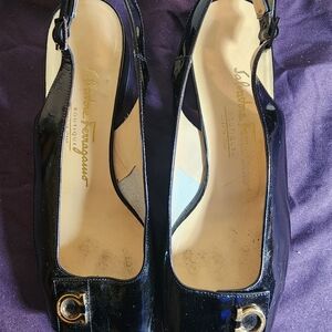 Salvatore Ferragamo Black Patent Leather slingback.